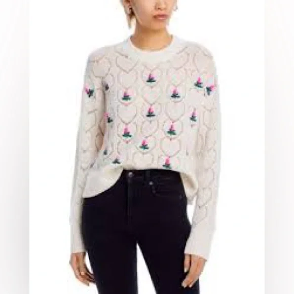 Aqua Cashmere Tulip Floral Embroidered Cashmere Sweater Cream/Pink Size Small - Picture 3 of 9